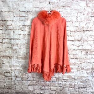 St. John Sport Fox Fur Collar Cashmere Poncho in Coral OS